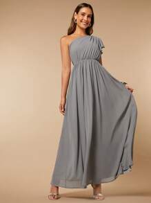 SHEIN Belle Vestido de dama de honor de un hombro ribete con fruncido de gasa - Gris - Ver 3