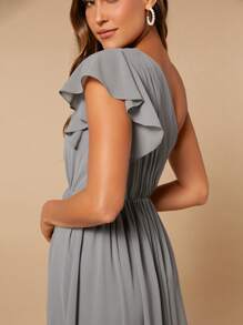 SHEIN Belle Vestido de dama de honor de un hombro ribete con fruncido de gasa - Gris - Ver 4