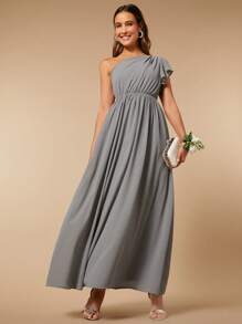 SHEIN Belle Vestido de dama de honor de un hombro ribete con fruncido de gasa - Gris - Ver 7
