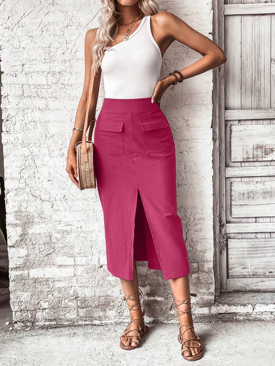 SHEIN LUNE Solid Split Thigh Skirt - Hot Pink - View 1