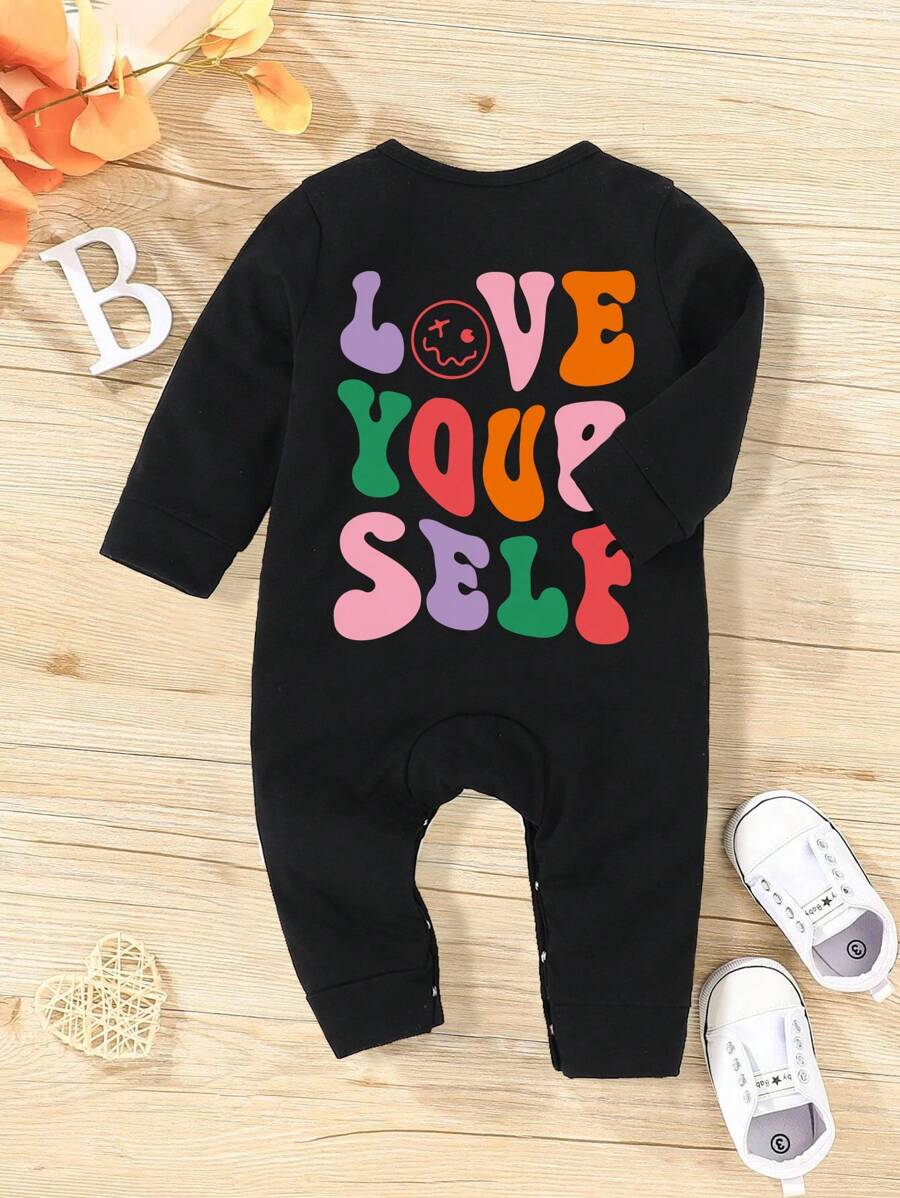 1pc Cute Gradient Color Letter Slogan Pattern Long Sleeve Romper For Baby Girls
