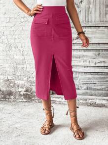 SHEIN LUNE Solid Split Thigh Skirt - Hot Pink - View 4