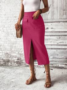 SHEIN LUNE Solid Split Thigh Skirt - Hot Pink - View 5