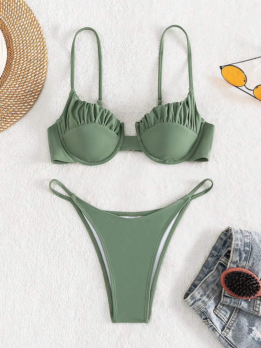 褶皺式內托比基尼套裝 - 軍綠色 - 查看 1