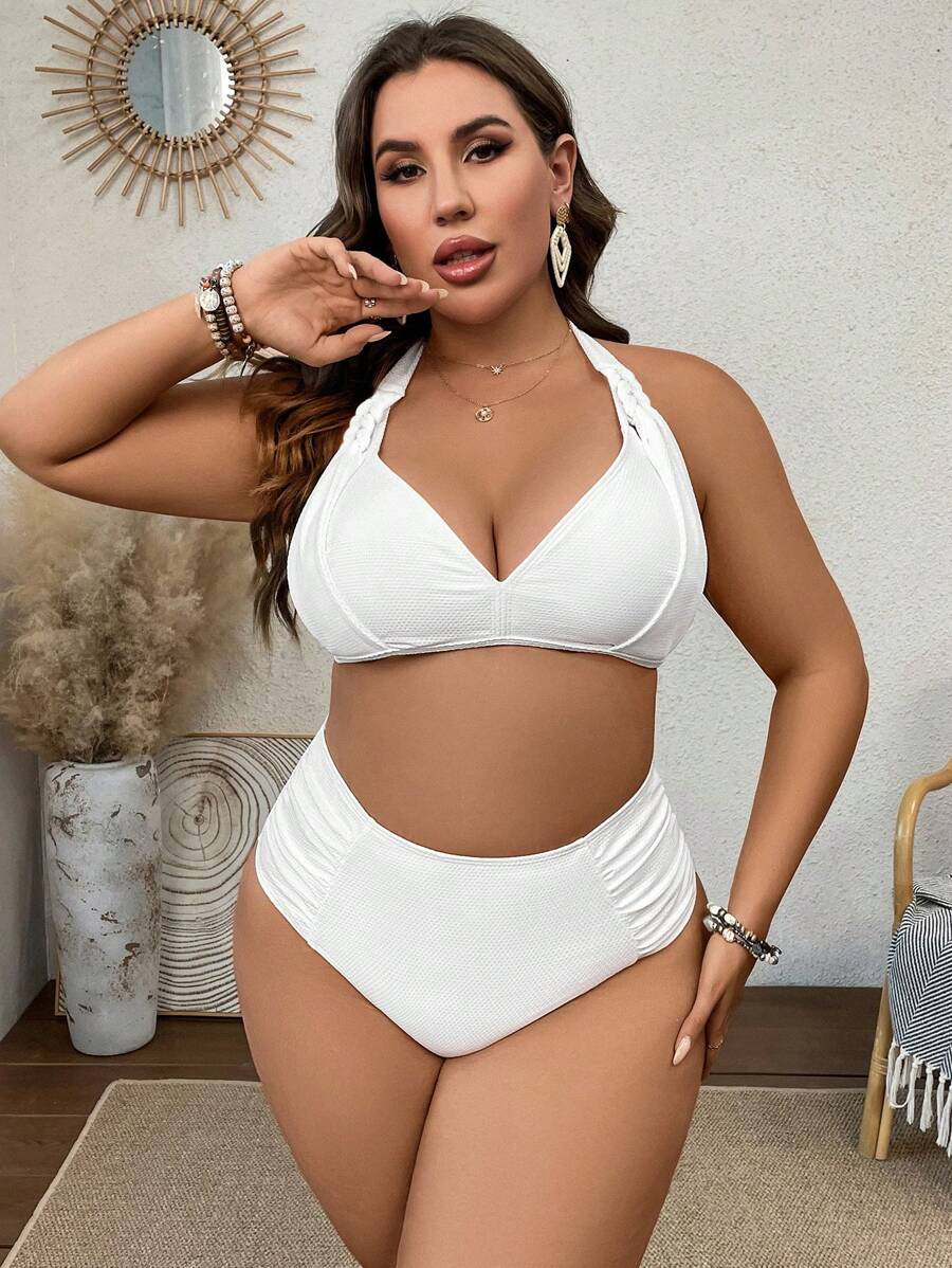 SHEIN Swim Curve Plus Size Ruched Halter Bikini Set Summer Beach - White - View 1