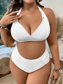 SHEIN Swim Curve Plus Size Ruched Halter Bikini Set Summer Beach - White - View 4