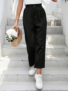 SHEIN Frenchy Nếp gấp cao eo Nút phía trước Quần skinny Quần - màu đen - Xem 1