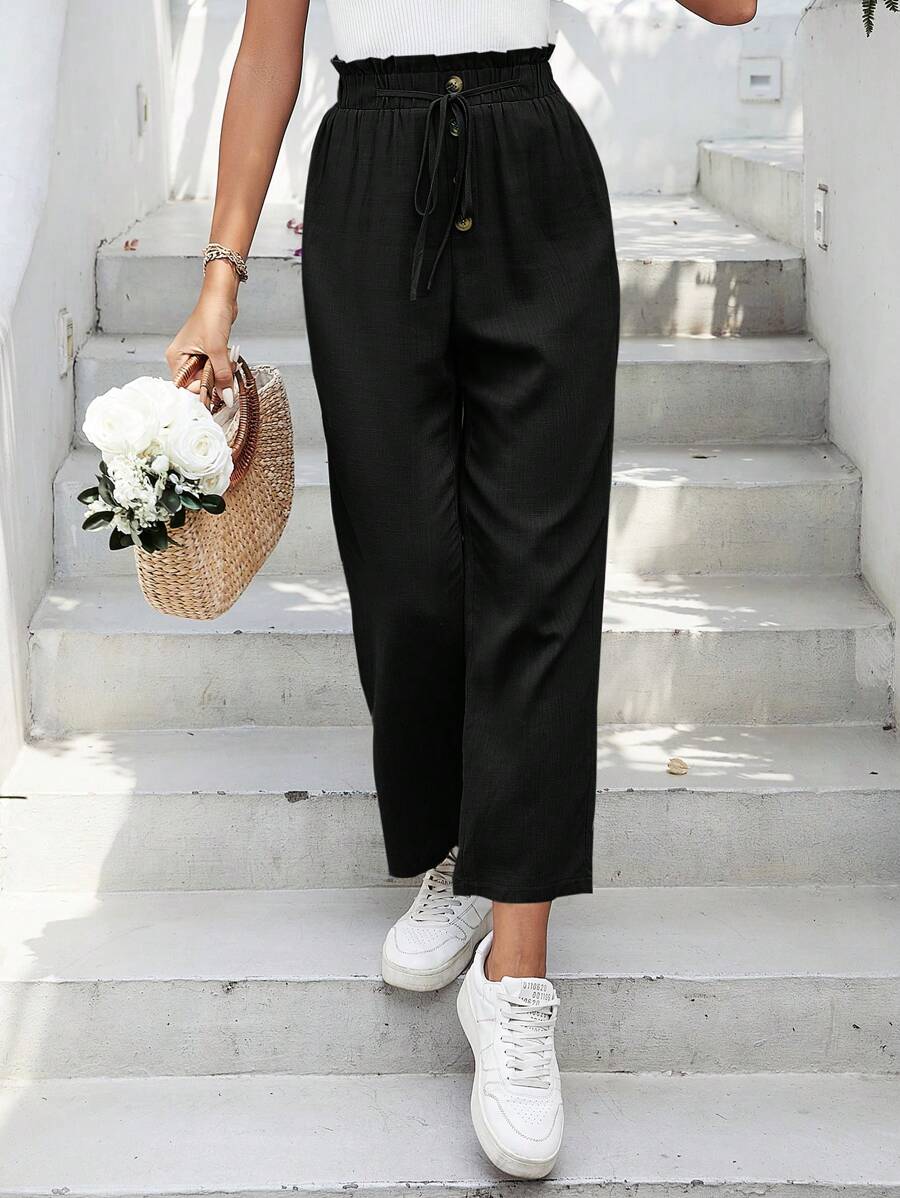 SHEIN Frenchy Nếp gấp cao eo Nút phía trước Quần skinny Quần - màu đen - Xem 1