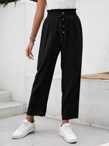SHEIN Frenchy Nếp gấp cao eo Nút phía trước Quần skinny Quần - màu đen - Xem 3