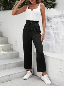 SHEIN Frenchy Nếp gấp cao eo Nút phía trước Quần skinny Quần - màu đen - Xem 5