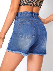 Ripped Raw Hem Denim Shorts - Light Wash - View 2