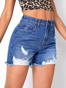 Ripped Raw Hem Denim Shorts - Light Wash - View 5