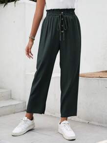 SHEIN Frenchy 紙袋腰前打結九分長褲 - 深灰色 - 查看 3