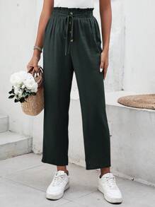 SHEIN Frenchy 紙袋腰前打結九分長褲 - 深灰色 - 查看 4