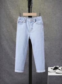 SHEIN 男小童斜口袋直筒牛仔褲 - 淺色水洗藍 - 查看 3