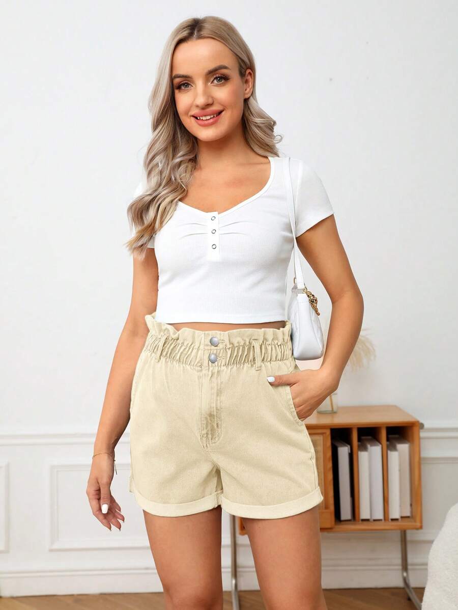 SHEIN 孕婦紙袋腰卷邊牛仔短褲 - 杏色 - 查看 1