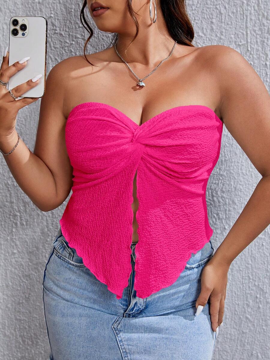 SHEIN MOD Plus Twist Front Split Hem Tube Top - Hot Pink - View 1