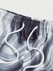 ROMWE MEN Street Life Men Marble Print Drawstring Waist Shorts, School - Multicolor - View 3