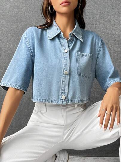 SHEIN EZwear Camisa mezclilla con parche con bolsillo de hombros caídos