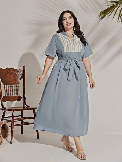 Al Najma 大碼條紋印花繫腰帶連衣裙