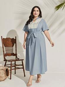 Al Najma 大碼條紋印花繫腰帶連衣裙 - 藍色 - 查看 3