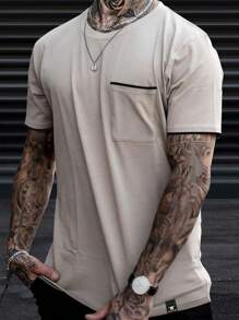 Manfinity Homme Men Plus Size Contrast Trim Patched Pocket Tee, For Going Out, Casual Short Sleeve Ringer Tee - Khaki - View 1