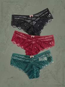 ROMWE Goth 3pack Contrast Lace Criss Cross Bow Decor Panty Set - Multicolor - View 1