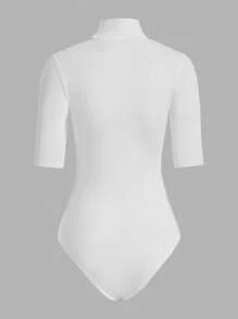 SHEIN BASICS Solid Mock Neck Tee Bodysuit - White - View 2