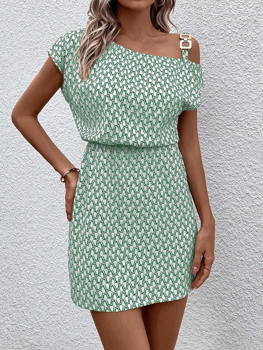 SHEIN Clasi 滿版印花不對稱領蝙蝠袖洋裝 - 綠色 - 查看 1