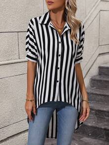 SHEIN LUNE Striped Print Batwing Sleeve High Low Hem Shirt - Black and White - View 6