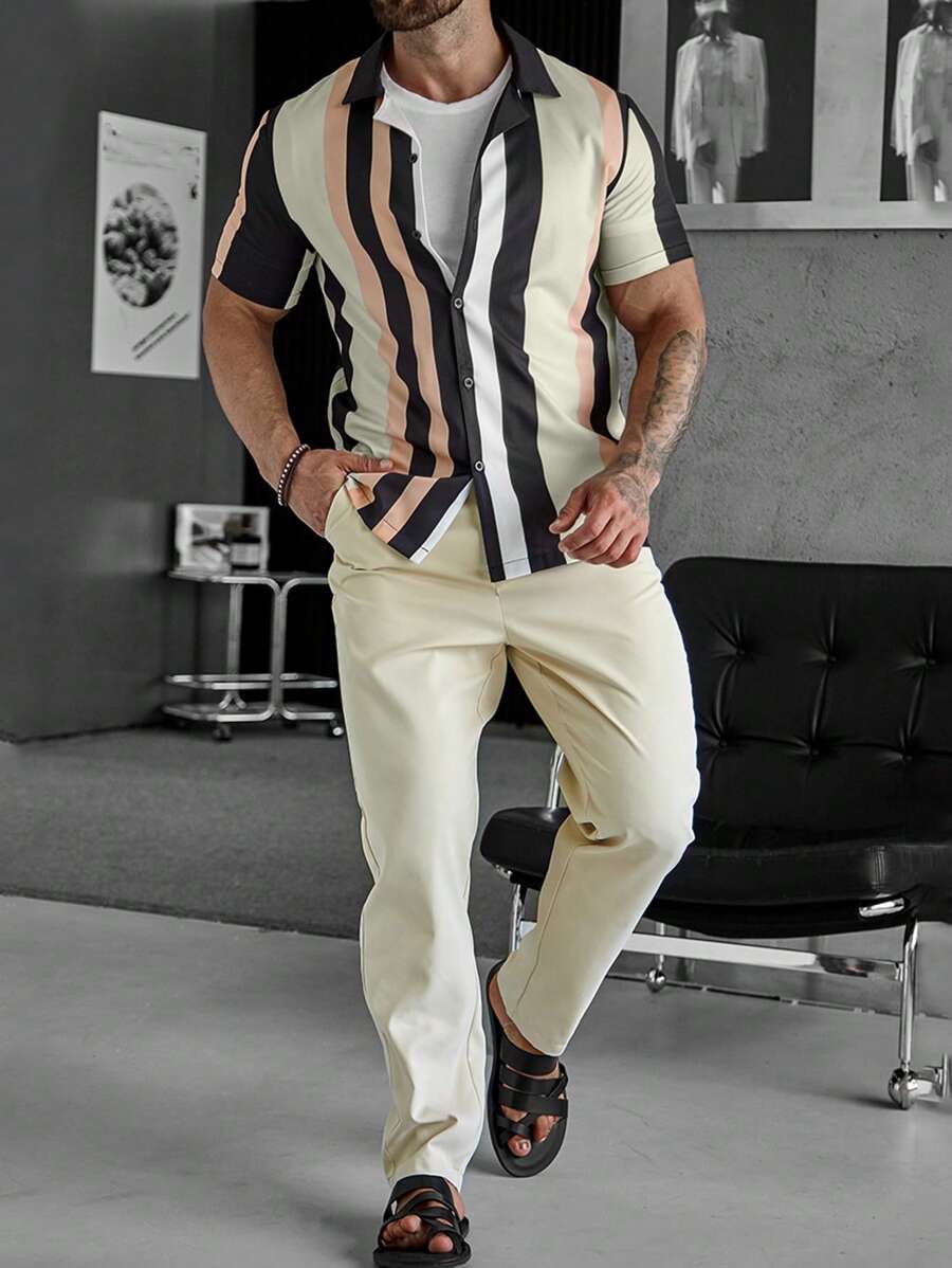 Manfinity Homme Nam In sọc Áo sơ mi & Quần - Màu Khaki - Xem 1