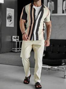 Manfinity Homme Nam In sọc Áo sơ mi & Quần - Màu Khaki - Xem 3