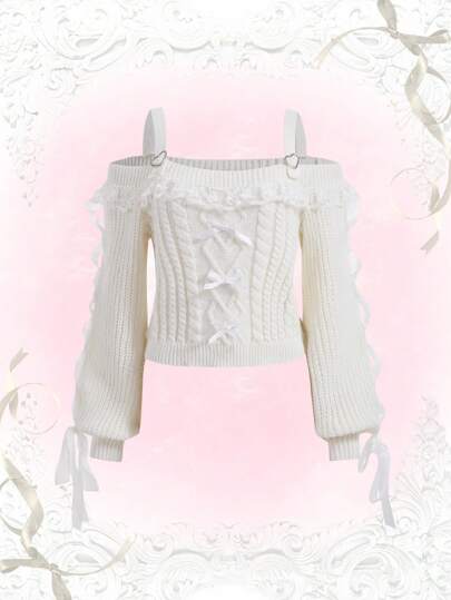 Kawaii Cold Shoulder Lace Trim Bow Decor Cable Knit Sweater, School,Long Sleeve Tops