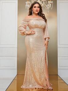 YISIKADO Plus Off Shoulder Split Thigh Sequin Party Dress