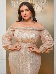 YISIKADO Plus Off Shoulder Split Thigh Sequin Party Dress