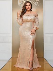 YISIKADO Plus Off Shoulder Split Thigh Sequin Party Dress