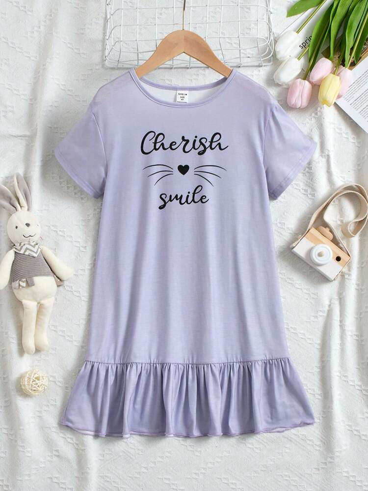 Young Girl Letter & Cartoon Graphic Ruffle Hem Smock Sleep Dress