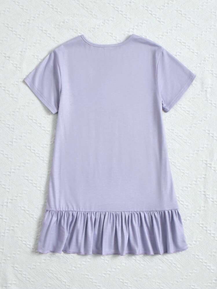 Young Girl Letter & Cartoon Graphic Ruffle Hem Smock Sleep Dress