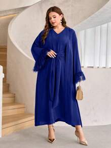 Mulvari Plus Fringe Trim Flounce Sleeve Coat & Tie Front Dress - Blue - View 1