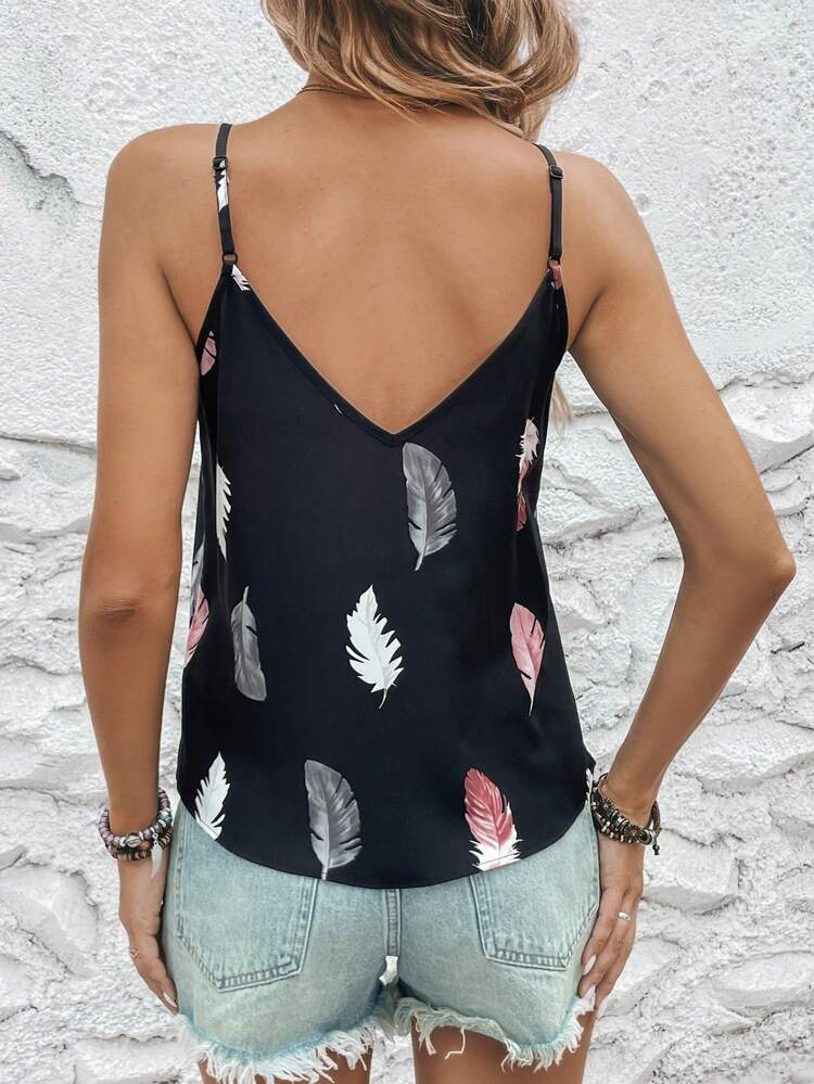 Top sin mangas casual y versátil con estampado de plumas para mujer