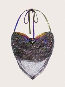 SHEIN ICON Heart Shaped Sequin Halter Top - Black - View 1