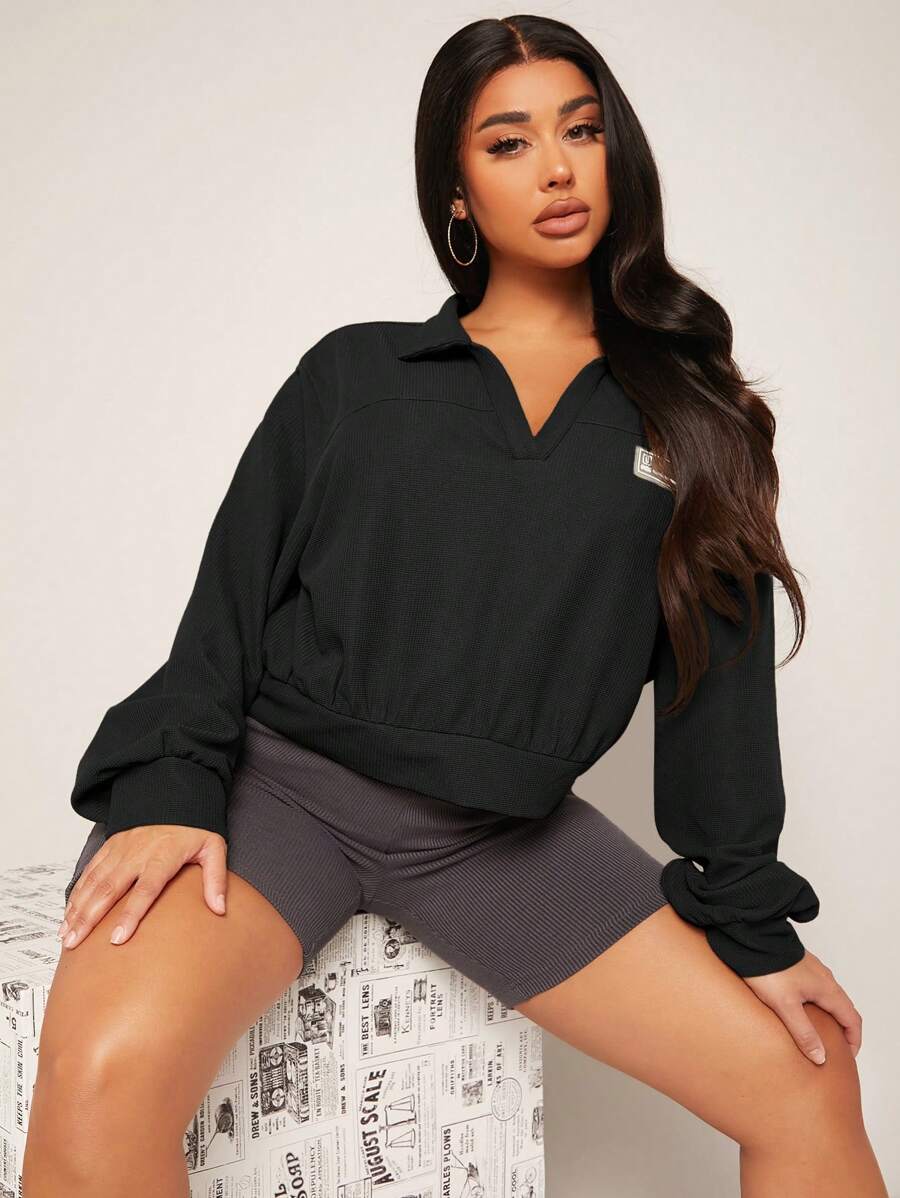 SHEIN SXY Sudadera con parche de letra de hombros caídos - Negro - Ver 1