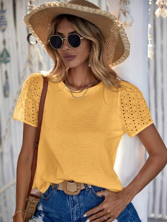 SHEIN LUNE Eyelet Embroidery Sleeve Tee