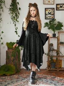 ROMWE Fairycore 印花前繫帶鐘形袖手帕下擺連衣裙 - 彩色 - 查看 4