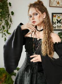 ROMWE Fairycore 印花前繫帶鐘形袖手帕下擺連衣裙 - 彩色 - 查看 3