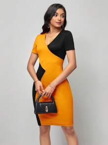 SHEIN Clasi Hai âm Cổ v Váy bodycon - trái cam - Xem 4