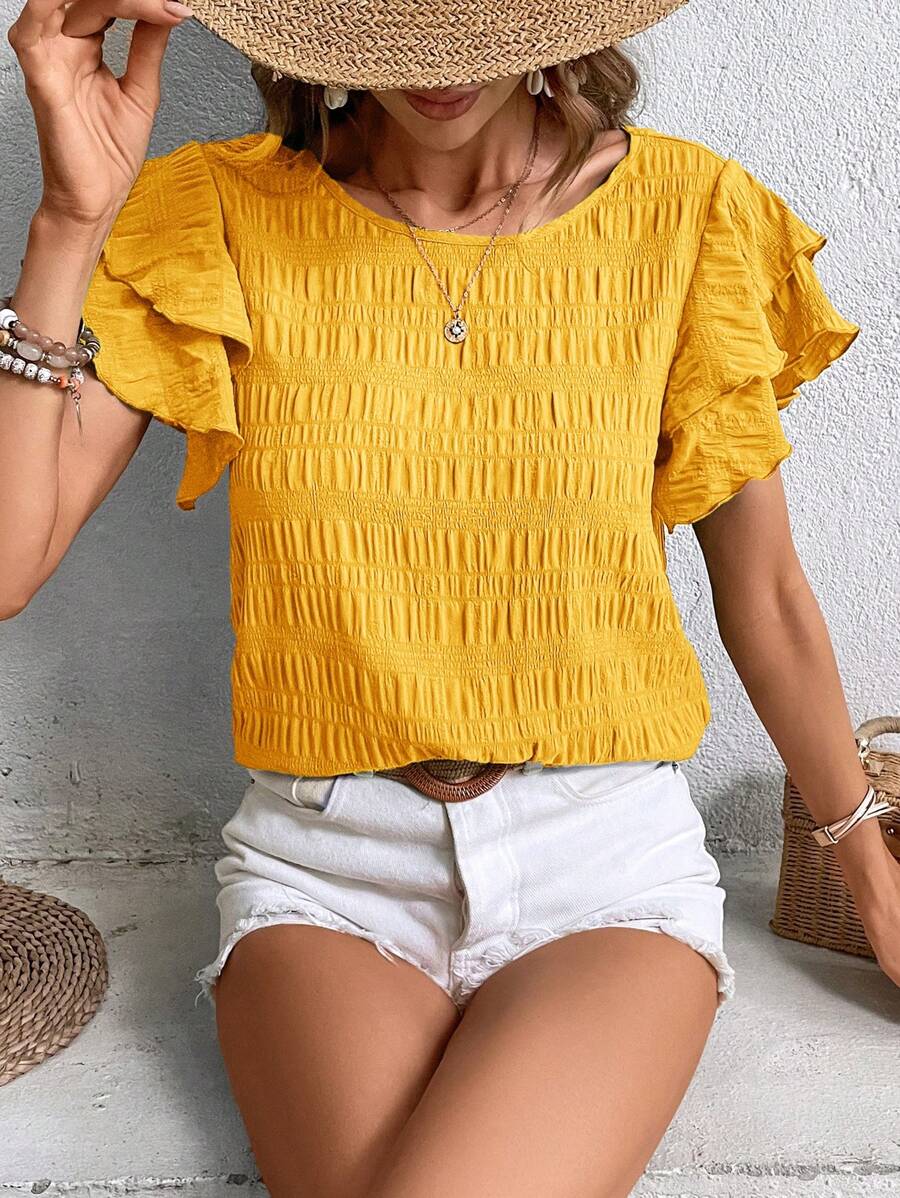SHEIN LUNE Solid Ruffle Trim Blouse - Yellow - View 1