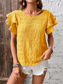 SHEIN LUNE Solid Ruffle Trim Blouse - Yellow - View 7