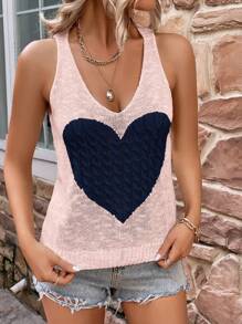 SHEIN LUNE Heart Pattern Knit Top - Baby Pink - View 4
