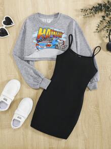 SHEIN Tween Girl Car & Letter Graphic Crop Pullover & Slip Dress - Multicolor - View 1